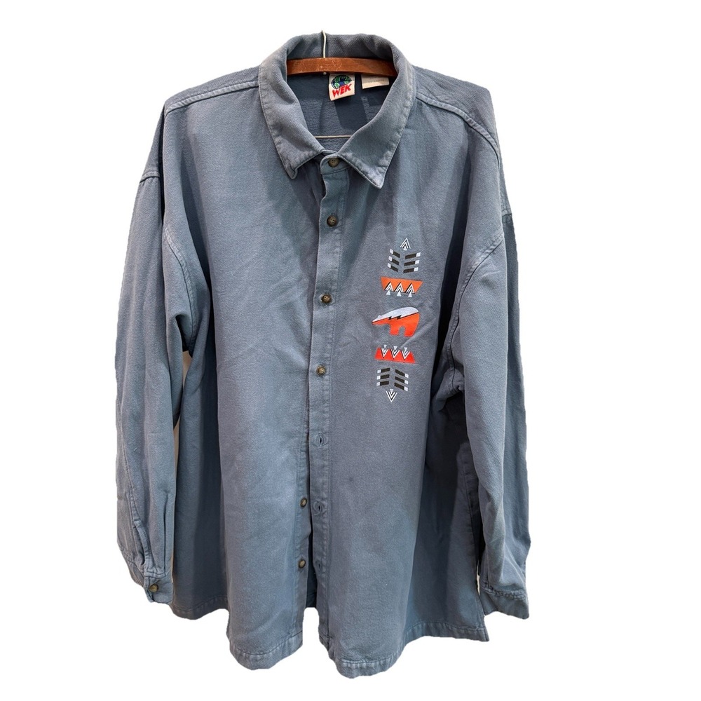 VTG 90s WEK Blue Earth Bear Button Up Sweatshirt XXL Made USA Terry Shacket